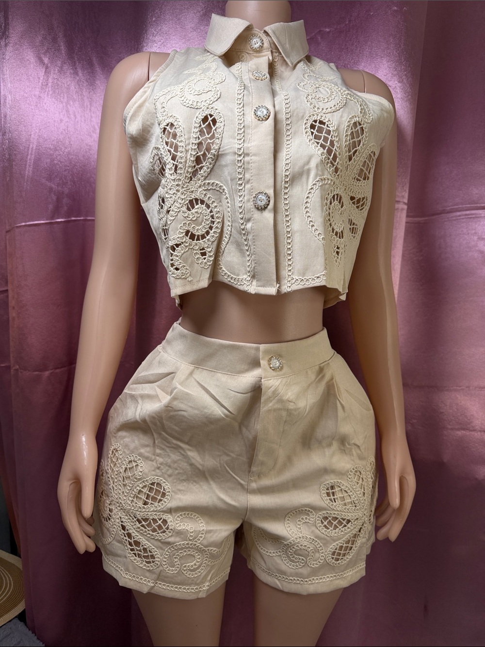 Cream Crochet Two-Piece Crop Top & High-Waist Shorts Set